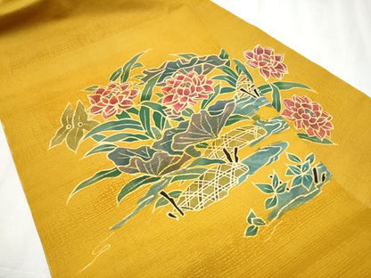 平和屋着物●九寸名古屋帯 ろうけつ染 草花文 正絹 逸品 CABC5348hy