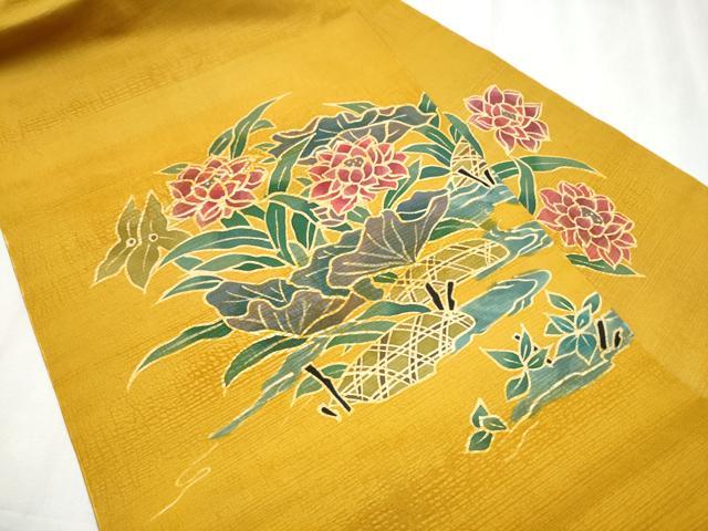 平和屋着物●九寸名古屋帯 ろうけつ染 草花文 正絹 逸品 CABC5348hy