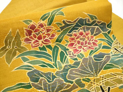 平和屋着物●九寸名古屋帯 ろうけつ染 草花文 正絹 逸品 CABC5348hy