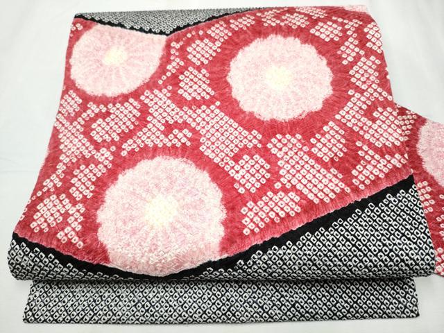 平和屋着物●名門　藤娘きぬたや・総絞り　九寸名古屋帯　舞花文　黒地　正絹　逸品　CABC5356hy