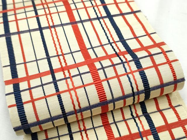 平和屋着物●本場筑前博多織 半幅帯 格子柄 証紙付き 正絹 逸品 CABC5359hy