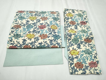 平和屋着物●つけ帯 紬地 型染め 花唐草文 正絹 逸品 CABC5367hy