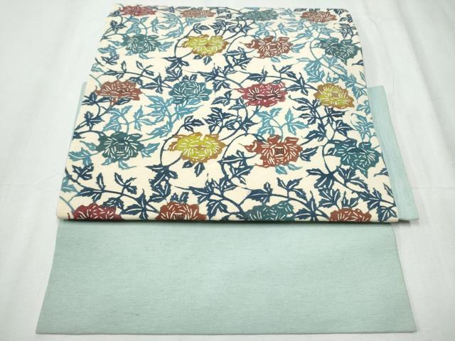 平和屋着物●つけ帯 紬地 型染め 花唐草文 正絹 逸品 CABC5367hy