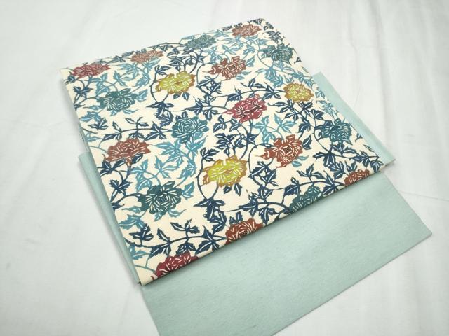 平和屋着物●つけ帯 紬地 型染め 花唐草文 正絹 逸品 CABC5367hy