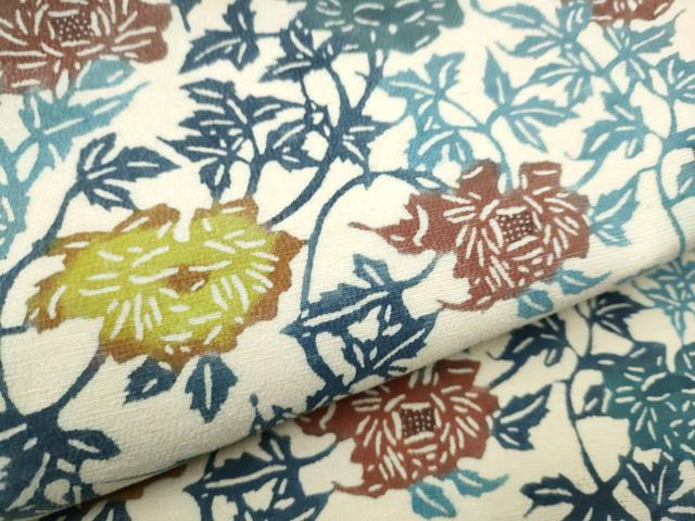 平和屋着物●つけ帯 紬地 型染め 花唐草文 正絹 逸品 CABC5367hy