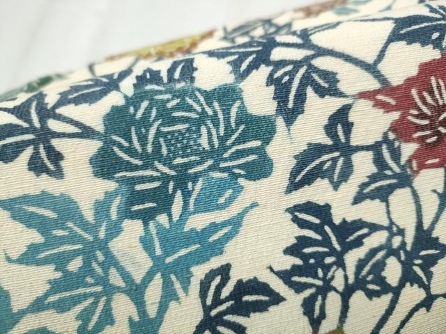 平和屋着物●つけ帯 紬地 型染め 花唐草文 正絹 逸品 CABC5367hy