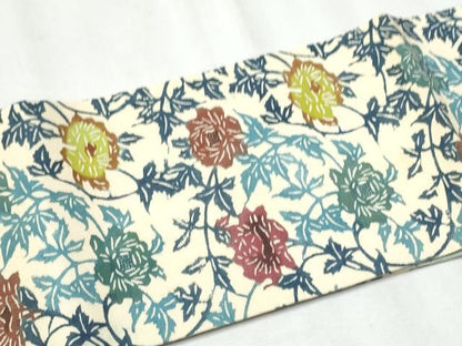 平和屋着物●つけ帯 紬地 型染め 花唐草文 正絹 逸品 CABC5367hy