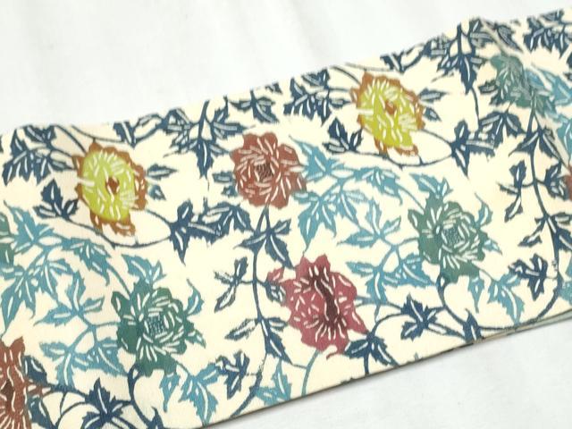 平和屋着物●つけ帯 紬地 型染め 花唐草文 正絹 逸品 CABC5367hy