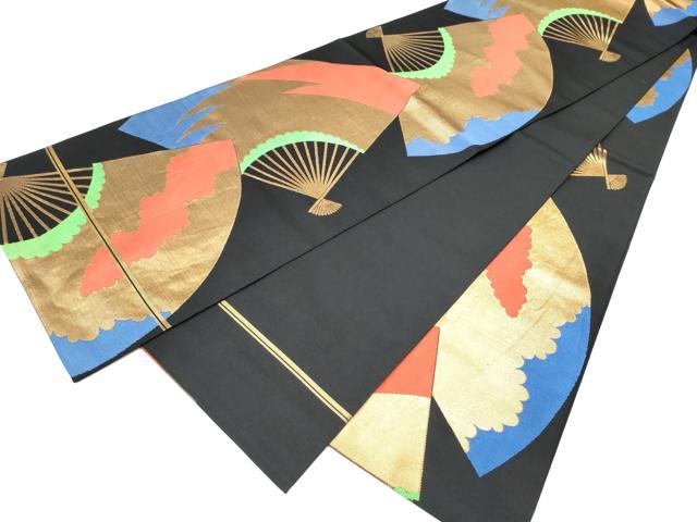 平和屋着物●織物一筋名門 織悦 全通柄 本袋帯 扇面文 黒地 金糸 正絹 逸品 CABC5370hy