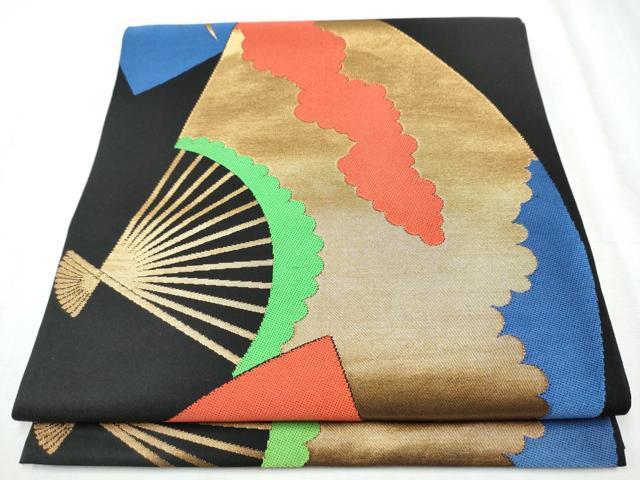 平和屋着物●織物一筋名門 織悦 全通柄 本袋帯 扇面文 黒地 金糸 正絹 逸品 CABC5370hy