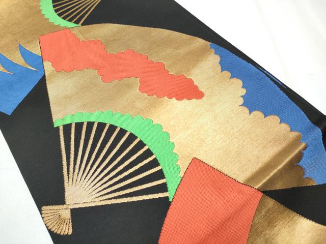 平和屋着物●織物一筋名門 織悦 全通柄 本袋帯 扇面文 黒地 金糸 正絹 逸品 CABC5370hy