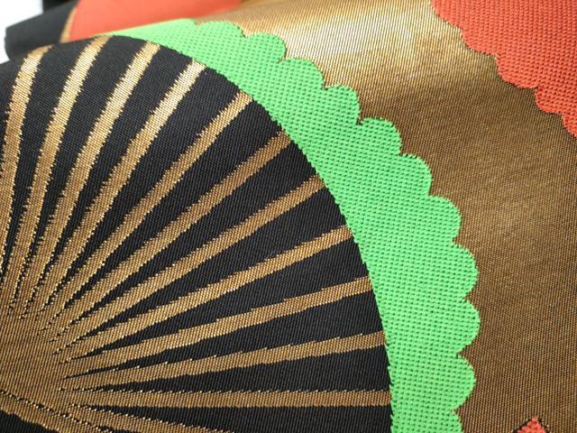 平和屋着物●織物一筋名門 織悦 全通柄 本袋帯 扇面文 黒地 金糸 正絹 逸品 CABC5370hy