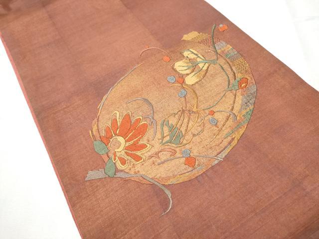 平和屋着物●太鼓柄袋帯 紬地 総刺繍 枝花文 金彩 正絹 逸品 CABC5381hy