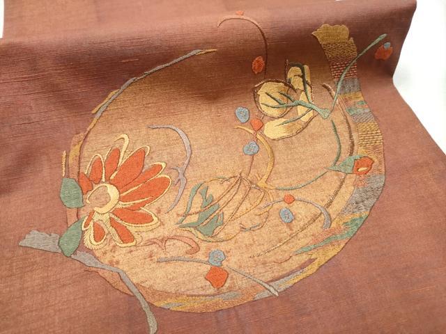 平和屋着物●太鼓柄袋帯 紬地 総刺繍 枝花文 金彩 正絹 逸品 CABC5381hy