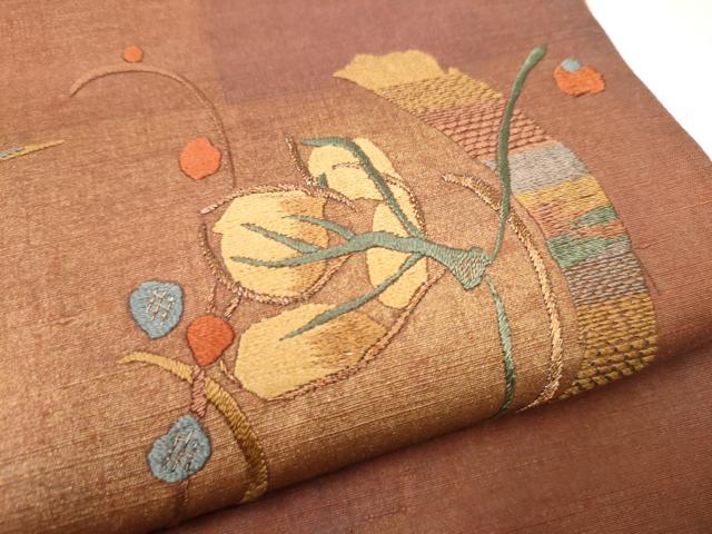 平和屋着物●太鼓柄袋帯 紬地 総刺繍 枝花文 金彩 正絹 逸品 CABC5381hy