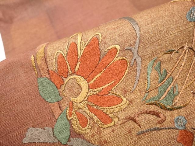 平和屋着物●太鼓柄袋帯 紬地 総刺繍 枝花文 金彩 正絹 逸品 CABC5381hy
