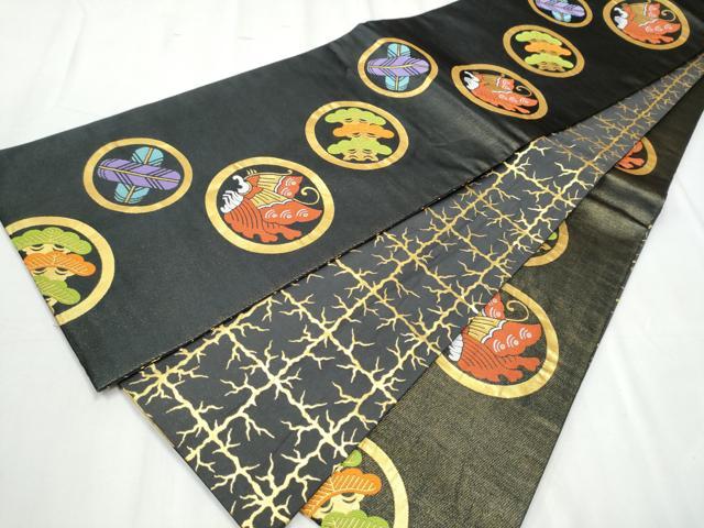 平和屋着物●両面 全通柄袋帯 家紋 黒地 金糸 CABC5395hy