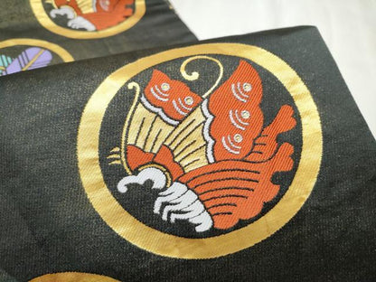 平和屋着物●両面 全通柄袋帯 家紋 黒地 金糸 CABC5395hy