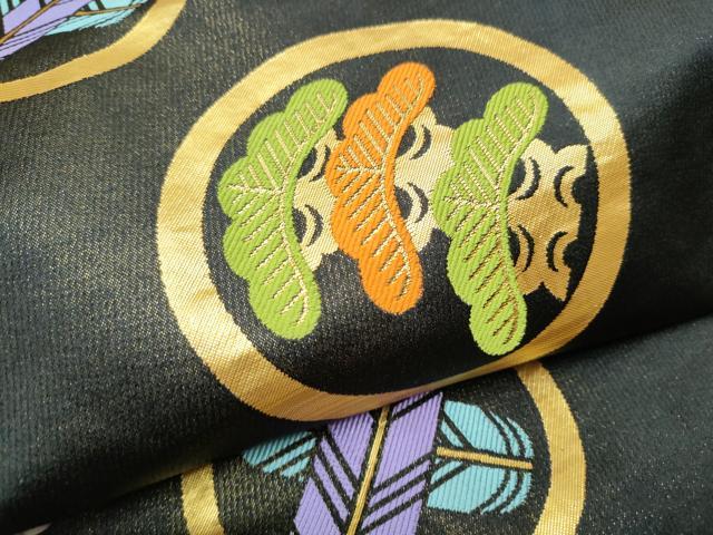 平和屋着物●両面 全通柄袋帯 家紋 黒地 金糸 CABC5395hy