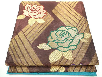 平和屋着物●染色作家 草野一騎 六通柄袋帯 薔薇 金糸 正絹 逸品 CABC5399hy