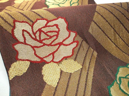 平和屋着物●染色作家 草野一騎 六通柄袋帯 薔薇 金糸 正絹 逸品 CABC5399hy