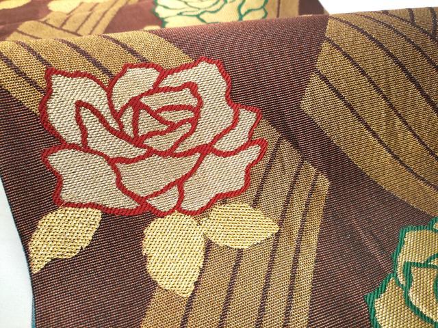 平和屋着物●染色作家 草野一騎 六通柄袋帯 薔薇 金糸 正絹 逸品 CABC5399hy