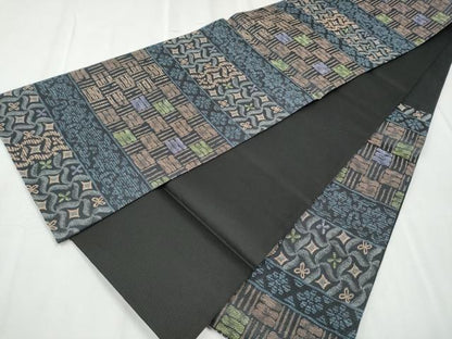 平和屋着物●六通柄袋帯 幾何学文様 黒地 正絹 逸品 CABC5417hy
