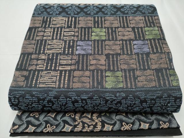 平和屋着物●六通柄袋帯 幾何学文様 黒地 正絹 逸品 CABC5417hy