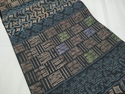 平和屋着物●六通柄袋帯 幾何学文様 黒地 正絹 逸品 CABC5417hy
