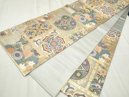 平和屋着物●六通柄袋帯 唐織 古都琴世界文化遺産記念 天井花鳥文 金糸 正絹 逸品 CABC5423hy