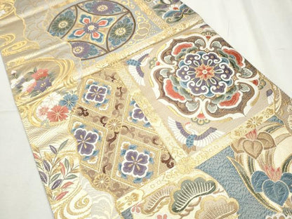 平和屋着物●六通柄袋帯 唐織 古都琴世界文化遺産記念 天井花鳥文 金糸 正絹 逸品 CABC5423hy