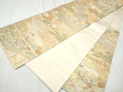 平和屋着物●西陣 服部織物謹製 六通柄袋帯 唐織 渡橋草花文 金糸 正絹 逸品 CABC5432hy