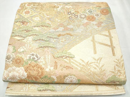 平和屋着物●西陣 服部織物謹製 六通柄袋帯 唐織 渡橋草花文 金糸 正絹 逸品 CABC5432hy