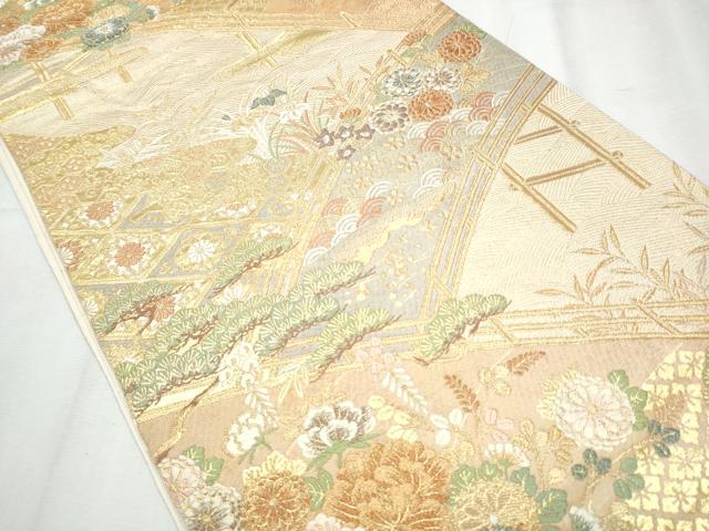 平和屋着物●西陣 服部織物謹製 六通柄袋帯 唐織 渡橋草花文 金糸 正絹 逸品 CABC5432hy