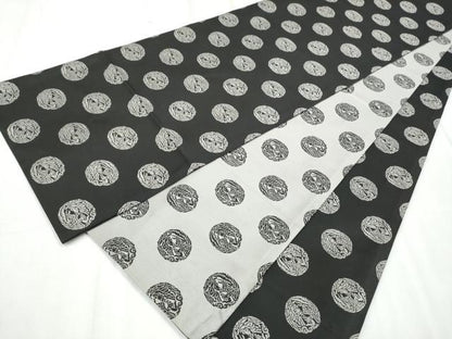 平和屋着物●両面 全通柄袋帯 鳳凰丸文 黒地 正絹 逸品 未使用 CABC5436hy