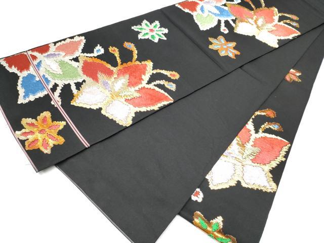 平和屋着物●六通柄 本袋帯 花双モール 黒地 金糸 正絹 逸品 CABC5445hy