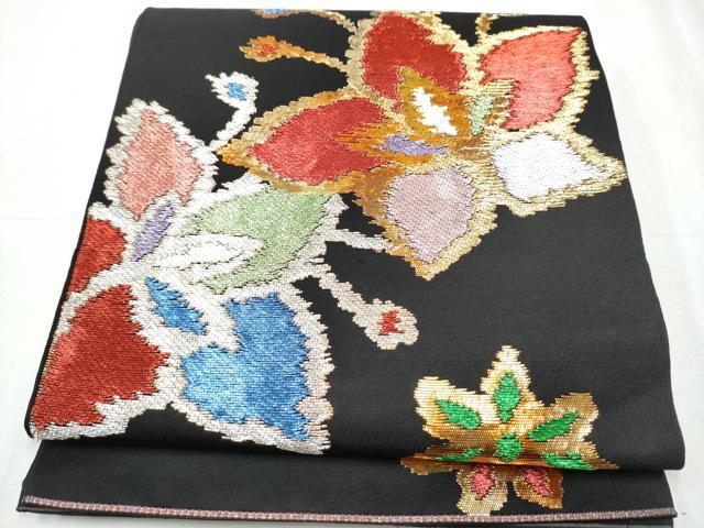 平和屋着物●六通柄 本袋帯 花双モール 黒地 金糸 正絹 逸品 CABC5445hy