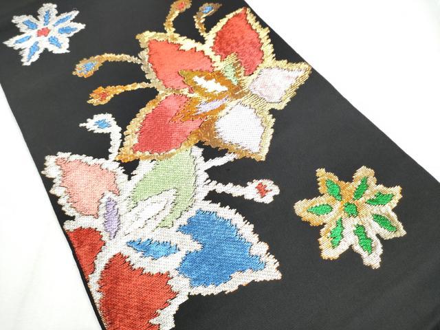平和屋着物●六通柄 本袋帯 花双モール 黒地 金糸 正絹 逸品 CABC5445hy