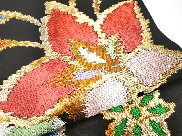平和屋着物●六通柄 本袋帯 花双モール 黒地 金糸 正絹 逸品 CABC5445hy
