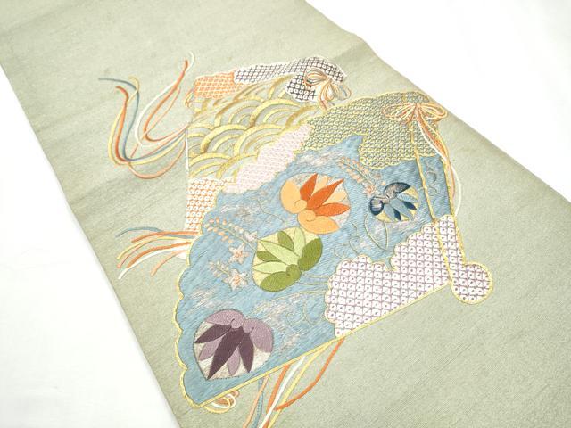 平和屋着物●アンティーク 大正ロマン 中国三大刺繍 相良刺繍 総刺繍 丸帯 駒刺繍 扇面花文 金銀糸 正絹 逸品 CABC5451hy