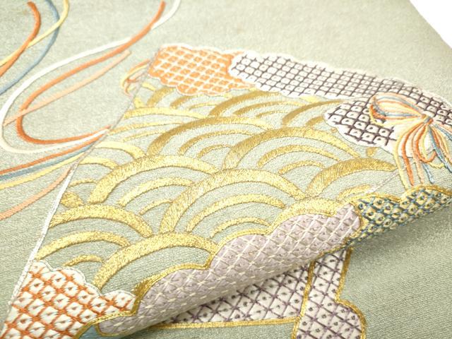 平和屋着物●アンティーク 大正ロマン 中国三大刺繍 相良刺繍 総刺繍 丸帯 駒刺繍 扇面花文 金銀糸 正絹 逸品 CABC5451hy