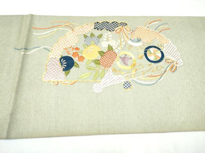 平和屋着物●アンティーク 大正ロマン 中国三大刺繍 相良刺繍 総刺繍 丸帯 駒刺繍 扇面花文 金銀糸 正絹 逸品 CABC5451hy