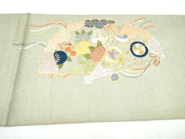 平和屋着物●アンティーク 大正ロマン 中国三大刺繍 相良刺繍 総刺繍 丸帯 駒刺繍 扇面花文 金銀糸 正絹 逸品 CABC5451hy