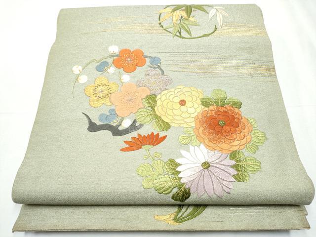 平和屋着物●アンティーク 大正ロマン 中国三大刺繍 相良刺繍 総刺繍 丸帯 駒刺繍 扇面花文 金銀糸 正絹 逸品 CABC5451hy