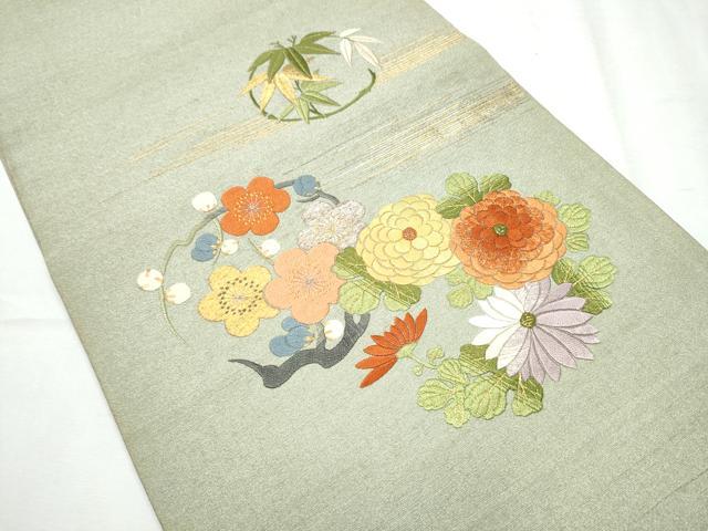 平和屋着物●アンティーク 大正ロマン 中国三大刺繍 相良刺繍 総刺繍 丸帯 駒刺繍 扇面花文 金銀糸 正絹 逸品 CABC5451hy