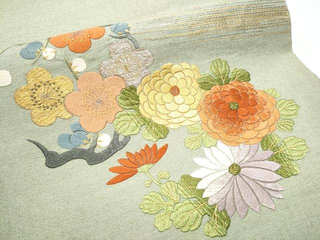 平和屋着物●アンティーク 大正ロマン 中国三大刺繍 相良刺繍 総刺繍 丸帯 駒刺繍 扇面花文 金銀糸 正絹 逸品 CABC5451hy