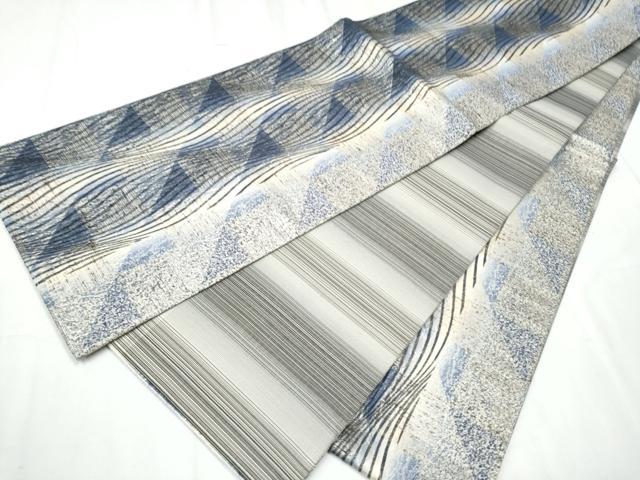 平和屋着物●両面 全通柄袋帯 ぜんまい紬 よろけ縞 銀糸 正絹 逸品 CABC5453hy