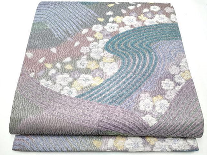 平和屋着物●六通柄袋帯 流水舞梅文 金銀糸 正絹 逸品 CABC5457hy