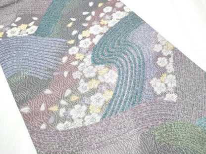 平和屋着物●六通柄袋帯 流水舞梅文 金銀糸 正絹 逸品 CABC5457hy