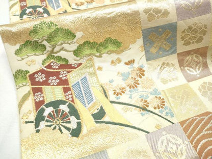 平和屋着物●西陣 川島織物 六通柄 本袋帯 市松御所車花文 金銀糸 正絹 逸品 CABC5460hy